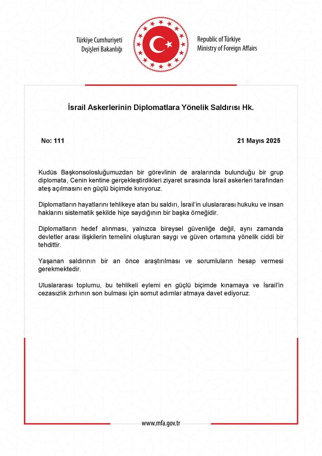 dışişleri israile tepki 2025, türkiye kudüs saldırı açıklama, diplomatlara ateş açıldı