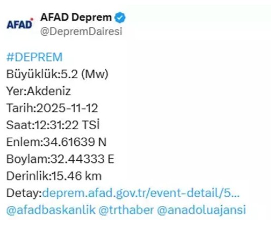 son dakika akdeniz deprem